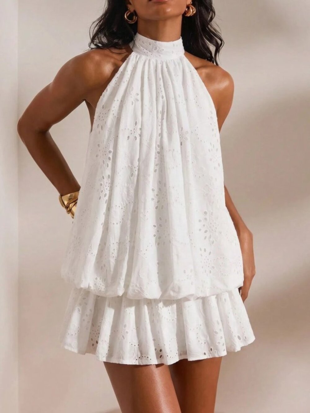 White Eyelet Halter Mini Dress - Picture 9 of 9